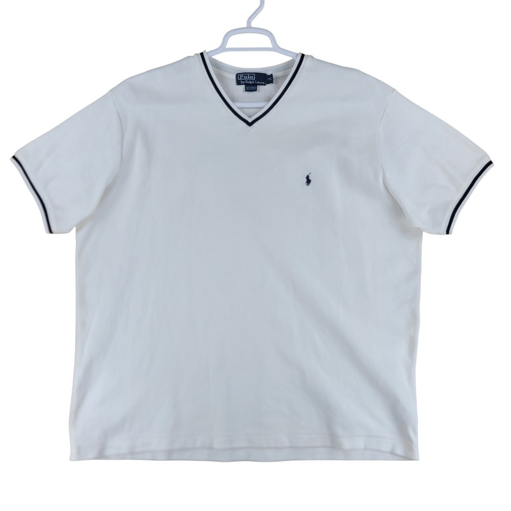 Polo Ralph Lauren V-Neck Shirt Mens XXL White Ringer Pony Striped Vintage 90's